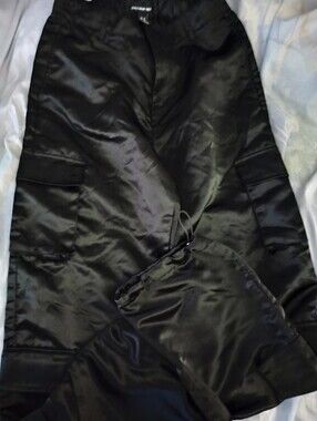 Streetwear Society Black Satin Cargo Pants